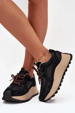 Buty Sportowe Big Star|Sneakersy Damskie></noscript>Big Star Shoes Skórzane Sneakersy Na Platformie Damskie Big Star SS274628 HI-POLY SYSTEM Czarne Czarny