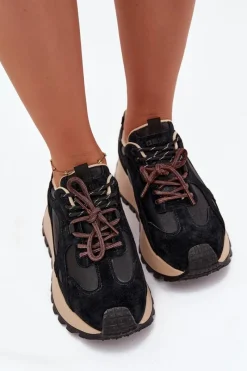 Buty Sportowe Big Star|Sneakersy Damskie></noscript>Big Star Shoes Skórzane Sneakersy Na Platformie Damskie Big Star SS274628 HI-POLY SYSTEM Czarne Czarny