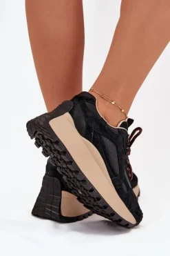 Buty Sportowe Big Star|Sneakersy Damskie></noscript>Big Star Shoes Skórzane Sneakersy Na Platformie Damskie Big Star SS274628 HI-POLY SYSTEM Czarne Czarny