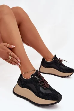 Buty Sportowe Big Star|Sneakersy Damskie></noscript>Big Star Shoes Skórzane Sneakersy Na Platformie Damskie Big Star SS274628 HI-POLY SYSTEM Czarne Czarny