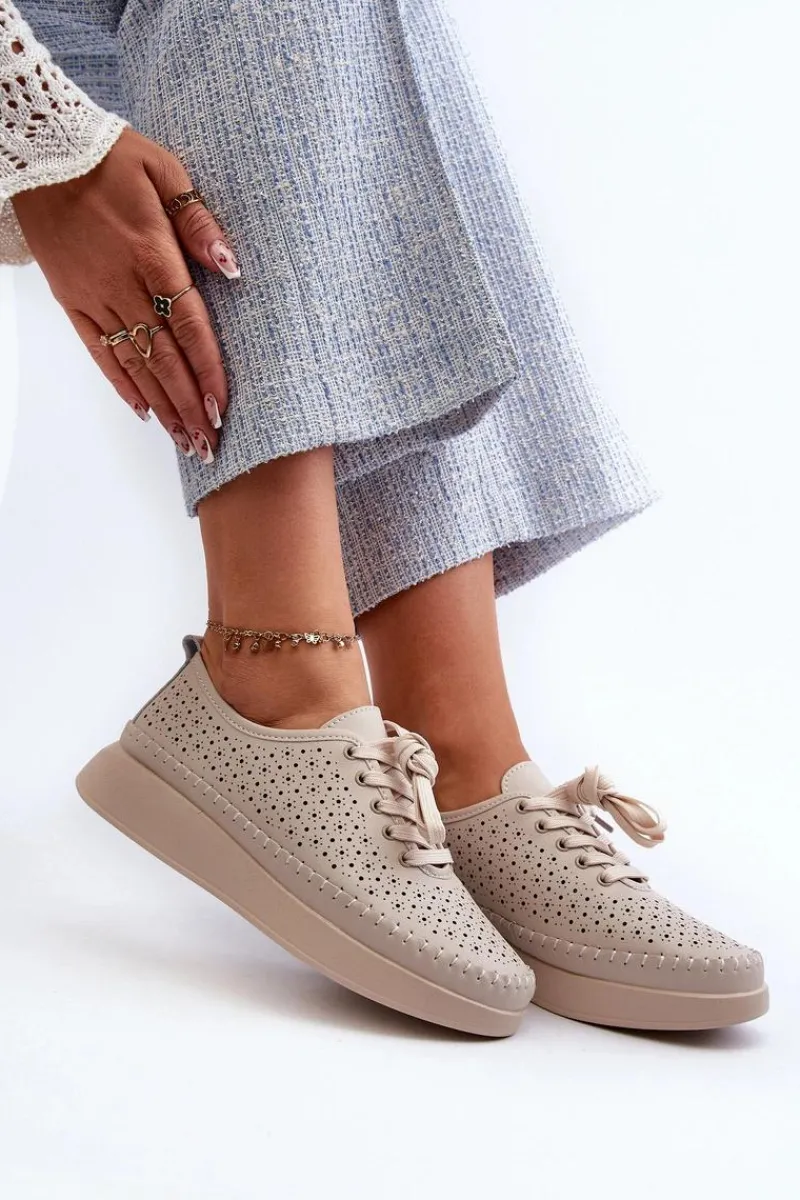 Sneakersy Damskie>Damskie buty S.Barski Skórzane Sneakersy Na Platformie S.Barski LR278 Beżowe