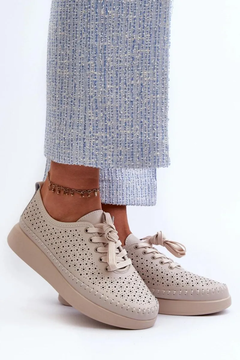 Sneakersy Damskie>Damskie buty S.Barski Skórzane Sneakersy Na Platformie S.Barski LR278 Beżowe