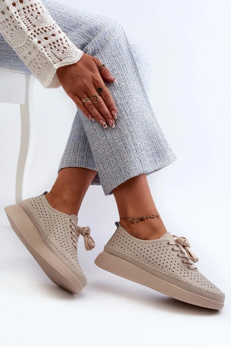 Sneakersy Damskie>Damskie buty S.Barski Skórzane Sneakersy Na Platformie S.Barski LR278 Beżowe