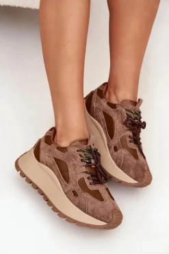 Discount Skórzane Sneakersy Na Platformie Damskie Big Star SS274626 HI-POLY SYSTEM Camel Damskie Buty Sportowe Big Star|Sneakersy Damskie