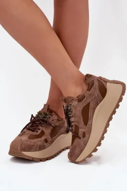 Discount Skórzane Sneakersy Na Platformie Damskie Big Star SS274626 HI-POLY SYSTEM Camel Damskie Buty Sportowe Big Star|Sneakersy Damskie