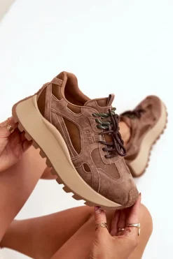 Discount Skórzane Sneakersy Na Platformie Damskie Big Star SS274626 HI-POLY SYSTEM Camel Damskie Buty Sportowe Big Star|Sneakersy Damskie