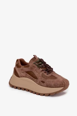 Discount Skórzane Sneakersy Na Platformie Damskie Big Star SS274626 HI-POLY SYSTEM Camel Damskie Buty Sportowe Big Star|Sneakersy Damskie