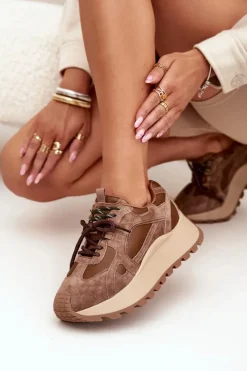 Discount Skórzane Sneakersy Na Platformie Damskie Big Star SS274626 HI-POLY SYSTEM Camel Damskie Buty Sportowe Big Star|Sneakersy Damskie