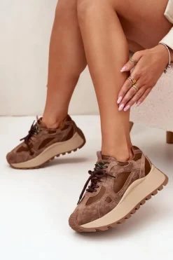 Discount Skórzane Sneakersy Na Platformie Damskie Big Star SS274626 HI-POLY SYSTEM Camel Damskie Buty Sportowe Big Star|Sneakersy Damskie