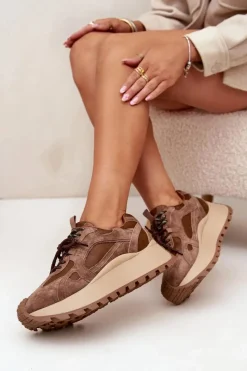 Discount Skórzane Sneakersy Na Platformie Damskie Big Star SS274626 HI-POLY SYSTEM Camel Damskie Buty Sportowe Big Star|Sneakersy Damskie