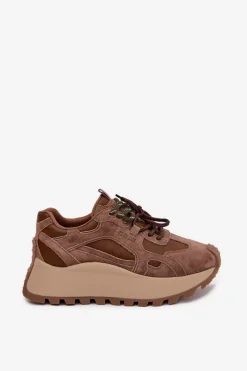 Discount Skórzane Sneakersy Na Platformie Damskie Big Star SS274626 HI-POLY SYSTEM Camel Damskie Buty Sportowe Big Star|Sneakersy Damskie