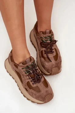 Discount Skórzane Sneakersy Na Platformie Damskie Big Star SS274626 HI-POLY SYSTEM Camel Damskie Buty Sportowe Big Star|Sneakersy Damskie