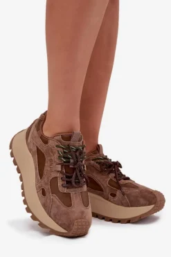 Discount Skórzane Sneakersy Na Platformie Damskie Big Star SS274626 HI-POLY SYSTEM Camel Damskie Buty Sportowe Big Star|Sneakersy Damskie