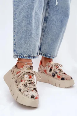 Clearance Maciejka Skórzane Sneakersy Na Platformie 06891-18 Beżowe