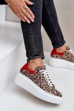 Sneakersy Damskie>Zazoo Skórzane Sneakersy Na Platformie W Panterkę 3346 Brązowo-Czerwone Brązowy