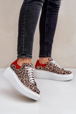 Sneakersy Damskie>Zazoo Skórzane Sneakersy Na Platformie W Panterkę 3346 Brązowo-Czerwone Brązowy