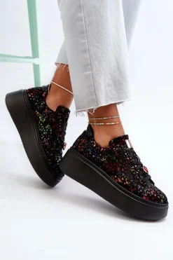 Hot Skórzane Sneakersy Na Platformie 6191S-01 Czarne Damskie Buty Sportowe Na Platformie