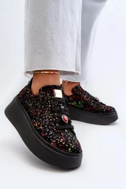 Hot Skórzane Sneakersy Na Platformie 6191S-01 Czarne Damskie Buty Sportowe Na Platformie