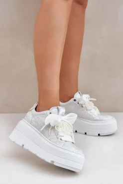 Buty Sportowe Na Platformie>CheBello Skórzane Sneakersy Na Platformie 4658 Srebrne Srebrny