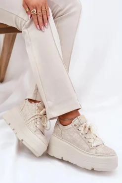 Skórzane Sneakersy Na Platformie 4658 Złote Damskie Buty Sportowe Na Platformie