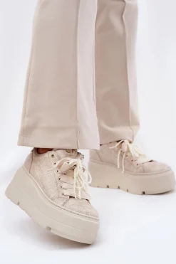 Skórzane Sneakersy Na Platformie 4658 Złote Damskie Buty Sportowe Na Platformie