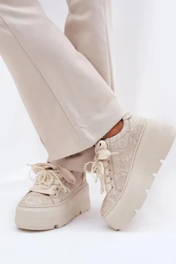 Skórzane Sneakersy Na Platformie 4658 Złote Damskie Buty Sportowe Na Platformie
