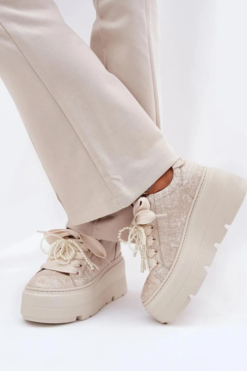 Skórzane Sneakersy Na Platformie 4658 Złote Damskie Buty Sportowe Na Platformie