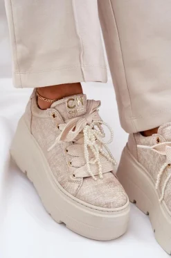 Skórzane Sneakersy Na Platformie 4658 Złote Damskie Buty Sportowe Na Platformie