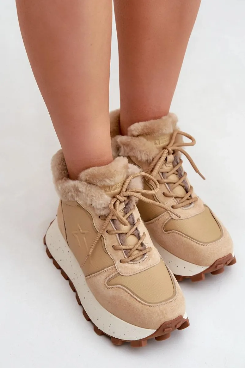 Outlet Big Star Shoes Skórzane Sneakersy Trapery Damskie Z Futerkiem Na Platformie Big Star OO274A330 Beżowe Beżowy