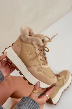 Outlet Big Star Shoes Skórzane Sneakersy Trapery Damskie Z Futerkiem Na Platformie Big Star OO274A330 Beżowe Beżowy