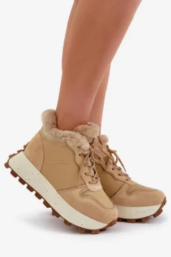 Outlet Big Star Shoes Skórzane Sneakersy Trapery Damskie Z Futerkiem Na Platformie Big Star OO274A330 Beżowe Beżowy