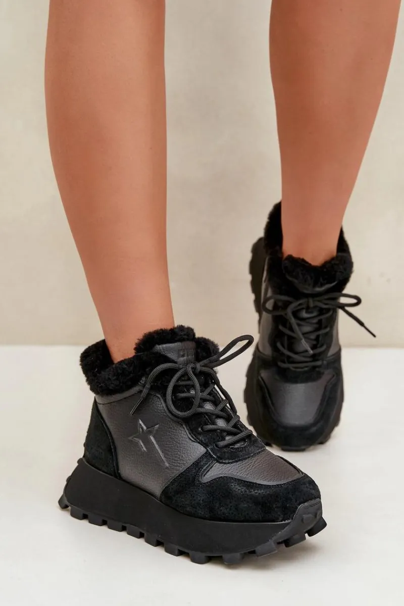 Sale Skórzane Sneakersy Trapery Damskie Z Futerkiem Na Platformie Big Star OO274A329 Czarne Damskie Buty Sportowe Big Star|Sneakersy Damskie