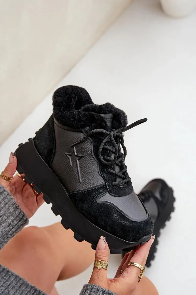 Sale Skórzane Sneakersy Trapery Damskie Z Futerkiem Na Platformie Big Star OO274A329 Czarne Damskie Buty Sportowe Big Star|Sneakersy Damskie