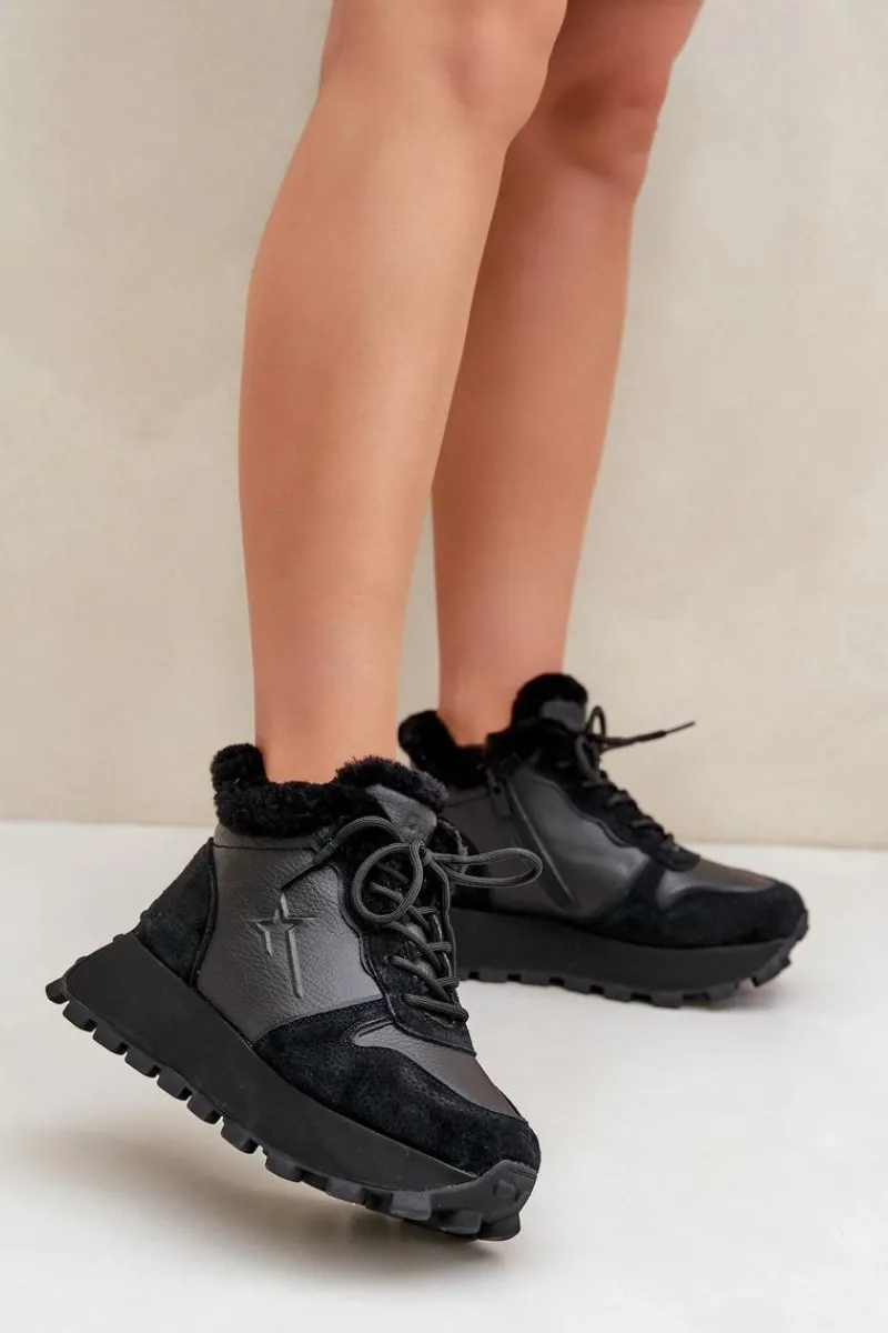 Sale Skórzane Sneakersy Trapery Damskie Z Futerkiem Na Platformie Big Star OO274A329 Czarne Damskie Buty Sportowe Big Star|Sneakersy Damskie