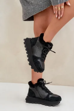 Sale Skórzane Sneakersy Trapery Damskie Z Futerkiem Na Platformie Big Star OO274A329 Czarne Damskie Buty Sportowe Big Star|Sneakersy Damskie