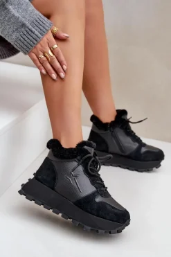 Sale Skórzane Sneakersy Trapery Damskie Z Futerkiem Na Platformie Big Star OO274A329 Czarne Damskie Buty Sportowe Big Star|Sneakersy Damskie