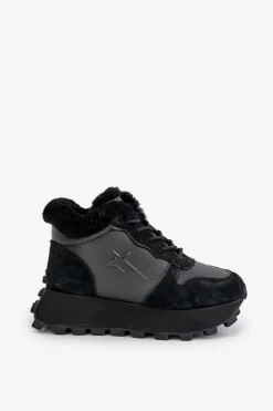 Sale Skórzane Sneakersy Trapery Damskie Z Futerkiem Na Platformie Big Star OO274A329 Czarne Damskie Buty Sportowe Big Star|Sneakersy Damskie