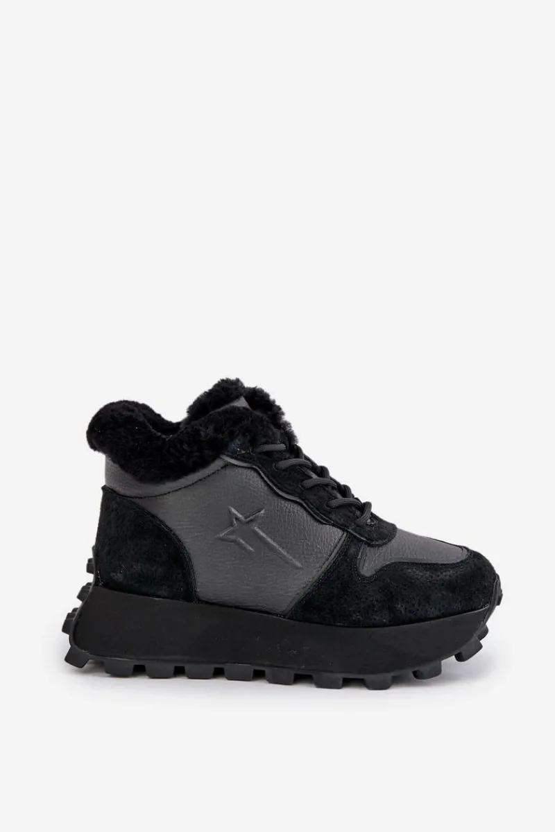Sale Skórzane Sneakersy Trapery Damskie Z Futerkiem Na Platformie Big Star OO274A329 Czarne Damskie Buty Sportowe Big Star|Sneakersy Damskie