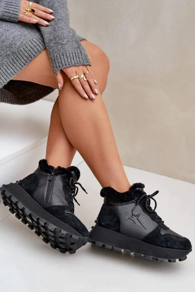 Sale Skórzane Sneakersy Trapery Damskie Z Futerkiem Na Platformie Big Star OO274A329 Czarne Damskie Buty Sportowe Big Star|Sneakersy Damskie