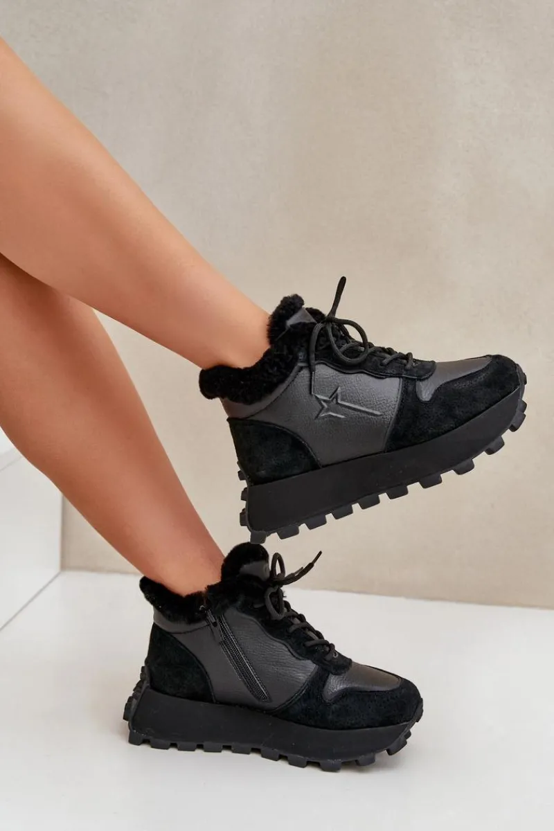 Sale Skórzane Sneakersy Trapery Damskie Z Futerkiem Na Platformie Big Star OO274A329 Czarne Damskie Buty Sportowe Big Star|Sneakersy Damskie