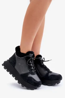 Sale Skórzane Sneakersy Trapery Damskie Z Futerkiem Na Platformie Big Star OO274A329 Czarne Damskie Buty Sportowe Big Star|Sneakersy Damskie