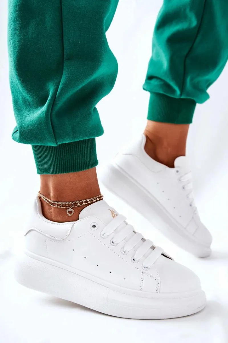 Buty Sportowe Na Platformie>Boto Skórzane Sportowe Buty Na Platformie Białe Lemmy