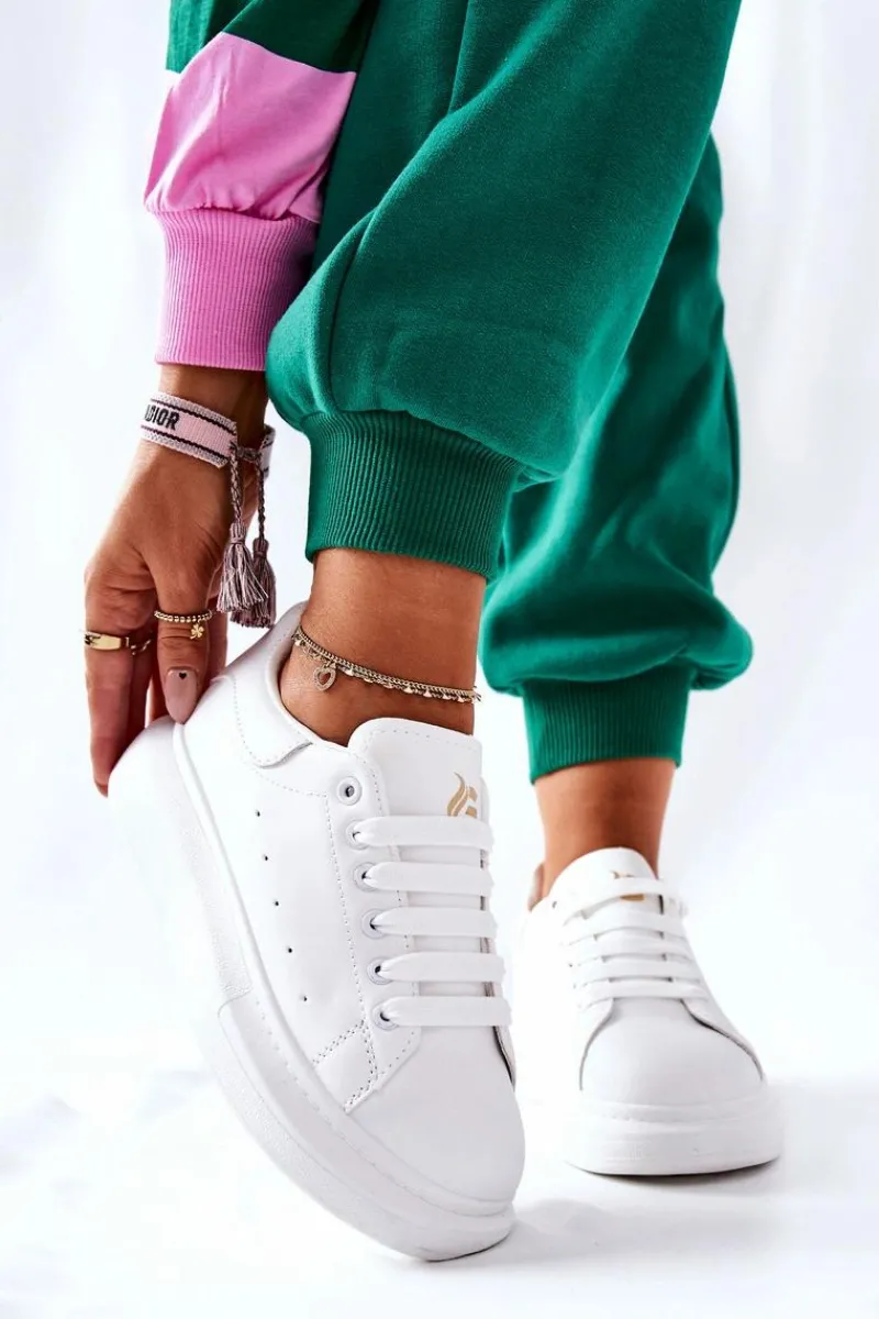 Buty Sportowe Na Platformie>Boto Skórzane Sportowe Buty Na Platformie Białe Lemmy