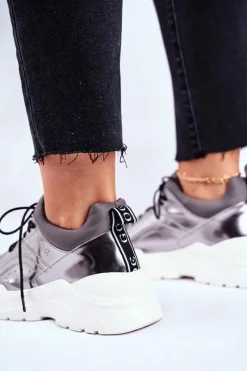 Outlet Skórzane Sportowe Buty Sneakersy GG2N3040 Srebrne Damskie Buty Sportowe Na Platformie|Botki Skórzane