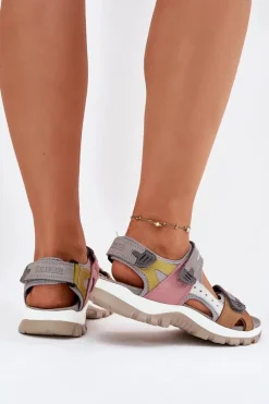 Hot Skórzane Sportowe Sandały Damskie 54C1293 Multikolor Damskie Sandały Płaskie