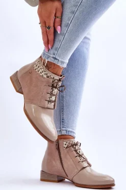 Maciejka Skórzane Sznurowane Botki 05953-04 Beżowe