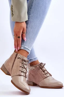 Maciejka Skórzane Sznurowane Botki 05953-04 Beżowe