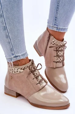 Maciejka Skórzane Sznurowane Botki 05953-04 Beżowe