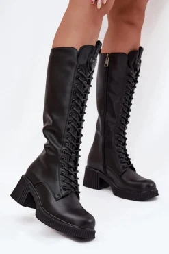 Kozaki Ocieplane|Kozaki Przed Kolano>Buty damskie Vinceza Skórzane Sznurowane Kozaki Na Klocku Ocieplane Vinceza 66804 Czarne