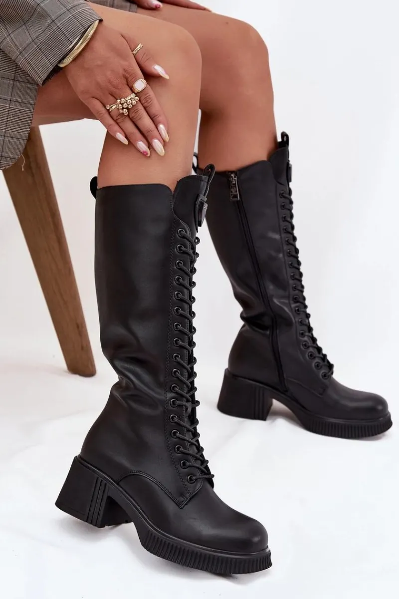 Kozaki Ocieplane|Kozaki Przed Kolano>Buty damskie Vinceza Skórzane Sznurowane Kozaki Na Klocku Ocieplane Vinceza 66804 Czarne